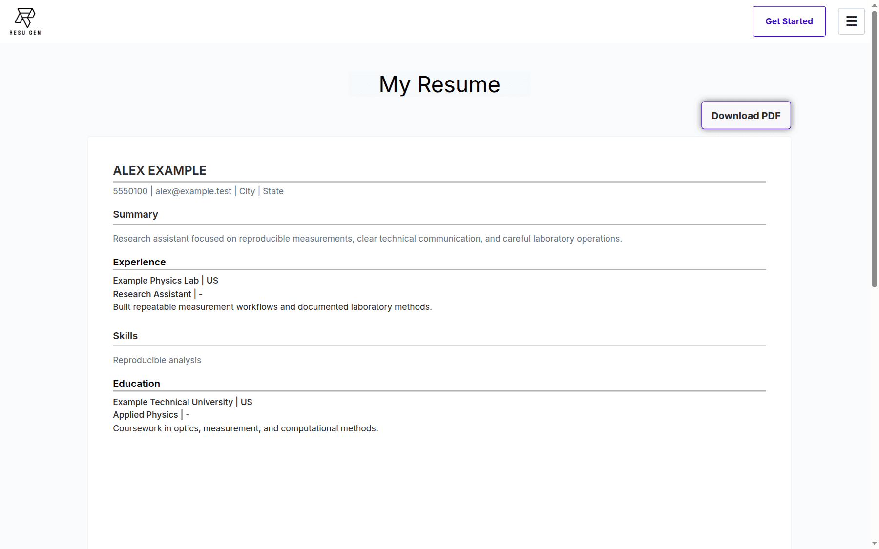 ResuGen resume editor showing a synthetic profile, live resume preview, and PDF export control